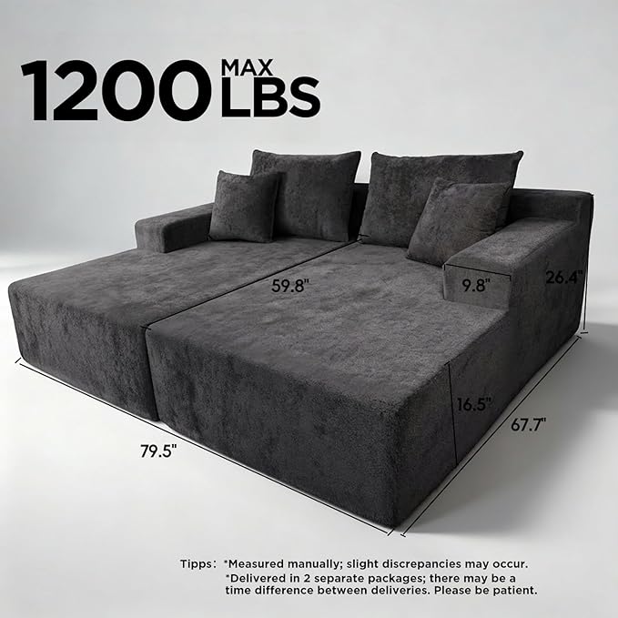 Sytopia Loveseat Chaise Lounge with Armrests, Oversized Sofa Bed with 4 Pillows, Cozy Boneless Sleeper, Modular Sectional Couch for Living Room Bedroom, Floor Chair Furniture sala Chenille, Black