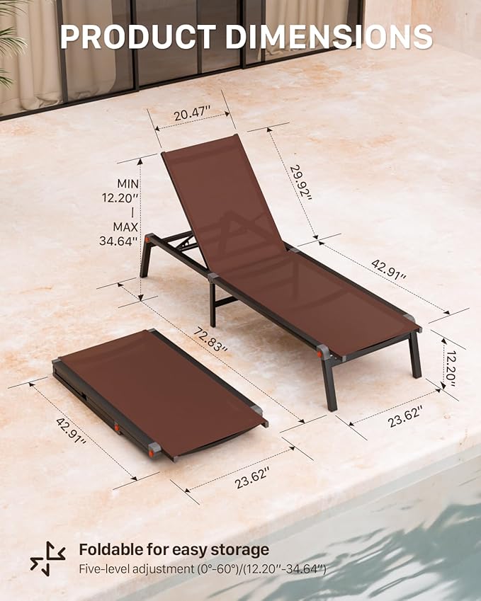 WOAJNQO Aluminum Patio Chaise Lounge Chair Set of 2 with Side Table,5-Position Adjustable Backrest,Foldable Lounge Chair Outdoor,Pool Lounge Chairs for Poolside,Lawn,Deck,Beach (Brown, 2 Pack+Table)