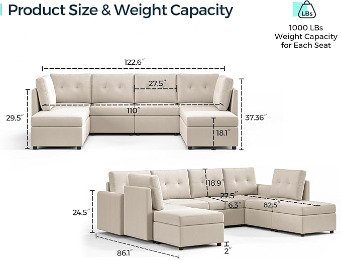 LINSY HOME Modular Sectional Sofa Oversized, Removable Cover Living Room Couches with Storage Deep Seat & Ottoman Chaise L/U Shaped Sofa Modern Couch (Grey, 6 Seats & 2 Ottomans)
