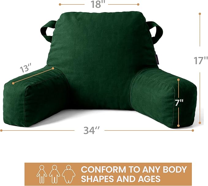 Unisakey Portable Comfy Reading Pillows for Bed Sitting Up(Dark Green Oeko-Tex), Velvet Back Pillow with Arms & Pockets for Adults, Support Memory Foam Bed Pillow for Dorm/Reading/Watching/Gaming
