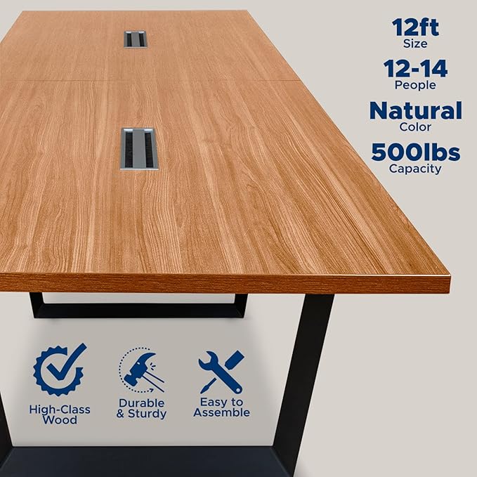 ahliss Sturdy Conference Table with Cable Management Grommets Modern Rectangle Office Meeting Table with Wood Tabletop and Metal Frame & Legs- Easy Assembly Boardroom Table (Natural, 12 Foot)