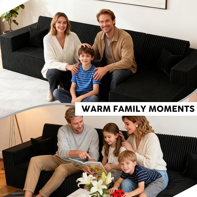Komusou 142" Boneless Couch, Cloud Modular Sectional Sofa with L-Shape Chaise and Deep Seat, Modern Upholstered Couches for Living Room Bedroom No Assembly Required (Black, Right Facing Chaise)