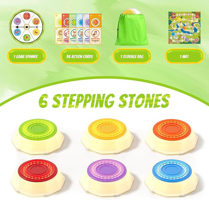 HYES Light Up Stepping Stones for Kids - 6 PCS Non-Slip Musical Stackable Step Stones with Game Map, Toddler Obstacle Course Sensory Toys, Indoor Outdoor 3-5 Years Old Boys Girls Birthday Gifts