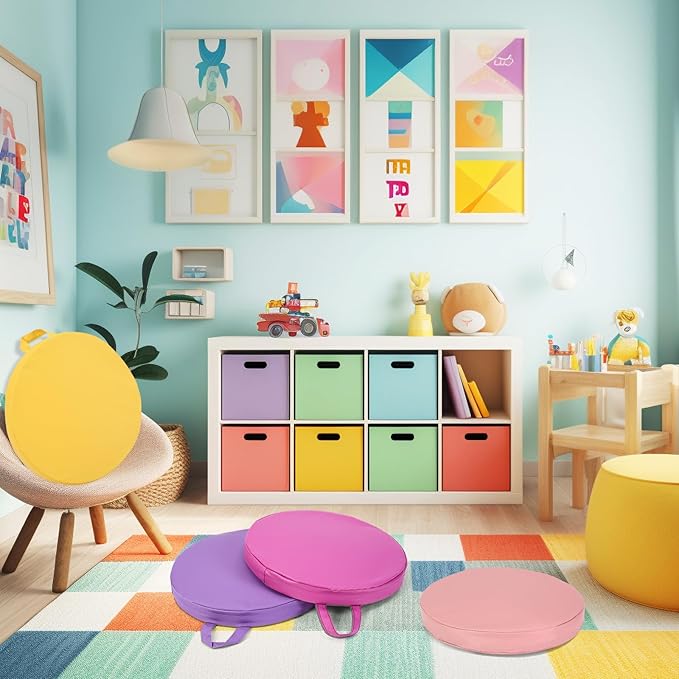 Huwena 24 Pack Floor Cushions 12x12inch Classroom Floor Seating Pillows Bulk Kids Flexible Cushion with Handles for Home School Kindergarten Daycare Nursery(Vivid Color,Round)
