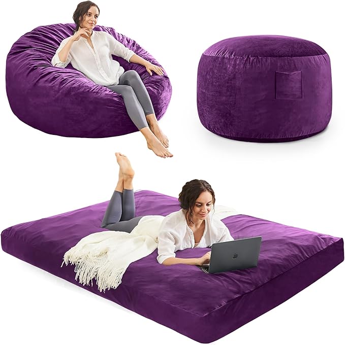 Bean Bag Chairs for Adults - Giant Bean Bag Chair Convertible Bean Bag Bed - Beanbag Chair with Micro Fiber Cover/Furniture Foam Filler - Floor Couch Sofa in Bedroom Dorm Room - Full Purple