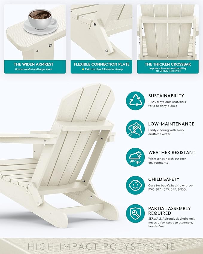 SERWALL Adirondack Chair - Folding Adirondack Chairs Hips Outdoor Chairs Set of 6 Weather Resistant- White