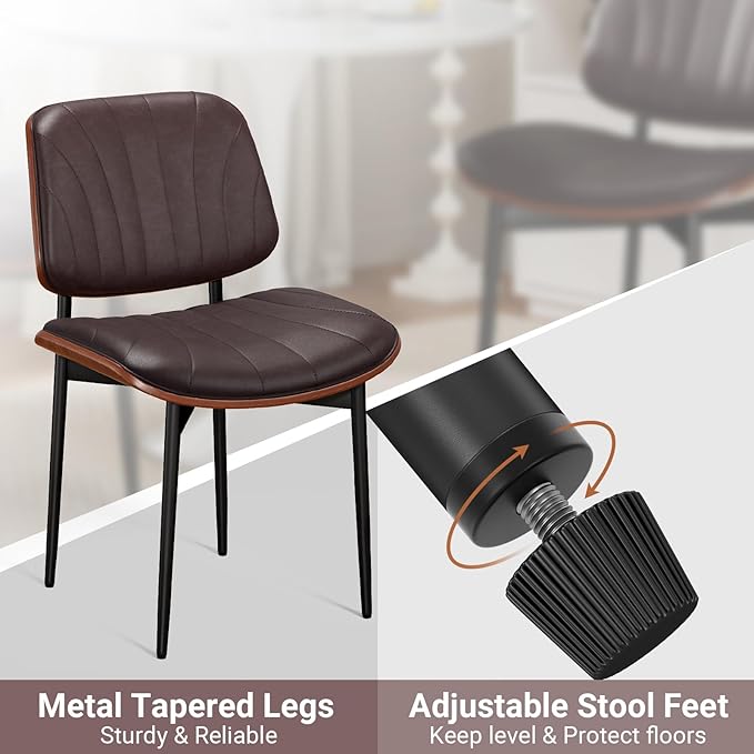 Dining Chairs Set of 6, Mid-Century Modern Upholstered PU Leather Chairs with Walnut Bentwood Back and Metal Legs Adjustable Feet for Kitchen Dining Room, Dark Brown Shell Strips