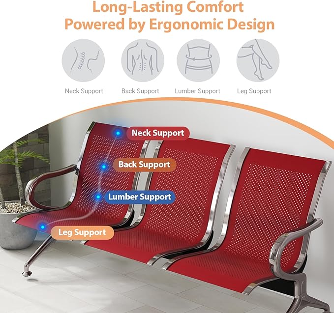 Kinfant 3-Seat Waiting Room Chair - Office Guest Reception Chairs with Ergonomic Backrests, Airport Waiting Bench with Armrests, Metal Waiting Furniture for Hospital, Bank (Dark Red, Set of 2)