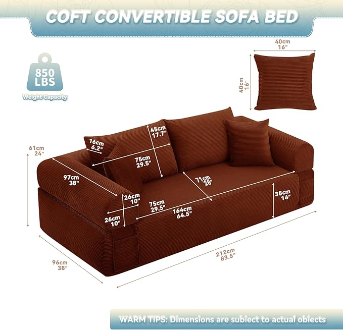 GJQ 3 Seater Couch for Living Room,83" Sofa in a Box,Cloud Sofa Bed with Tufted Cushion & Backrest, Corduroy Boneless Couch Upholstered Floor Sofa with Storage Pockets,No Assembly Required,Orange