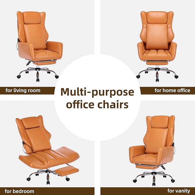 DYHOME Orange Leather Office Chair with Massage and Footrest, Heavy Duty Task Desk Chairs,Swivel Ergonomic Computer Gaming Chairs with Lumbar Support, Wheels Flip-up Arms Adjustable Height