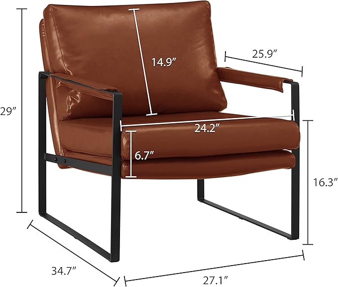 Volans Mid Century Modern Accent Chair with Arms for Living Room, Faux Leather Accent Chairs for Lounge, Metal Frame Armchair Reading Chair Single Sofa for Bedroom Office, Red Brown
