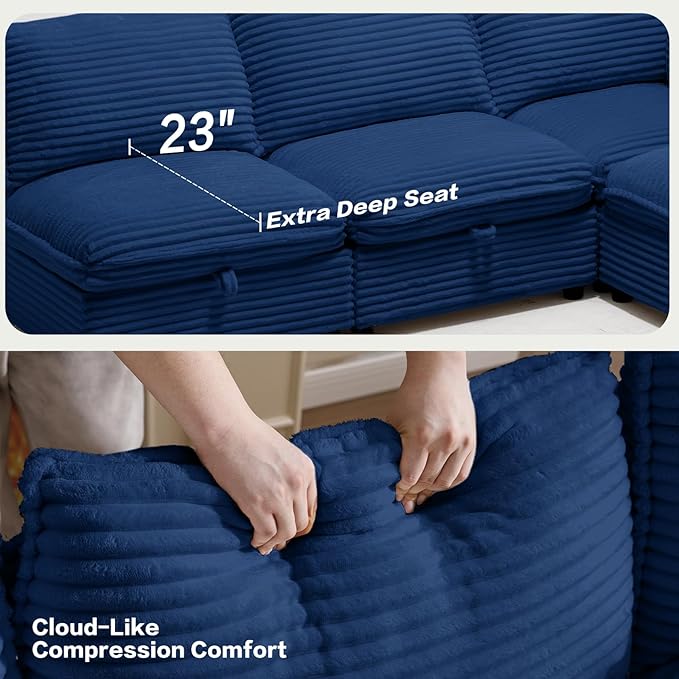 125" Oversized Modular 6 Seater Sofa with Removable Covers and Storage, Convertible U, L-Shaped and Sleeper Sectional, Modern Corduroy Couches with Ottoman Chaise for Living Room, Apartment, Blue