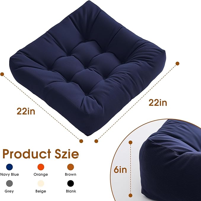 Tikuns 4Pcs Floor Pillows for Adults, 22 * 22 * 6 Inch Meditation Cushions, Large Square Sitting Cushion Living Room Memory Foam Pillow for Sittings (4, Navy, 22x22x6 Inch)
