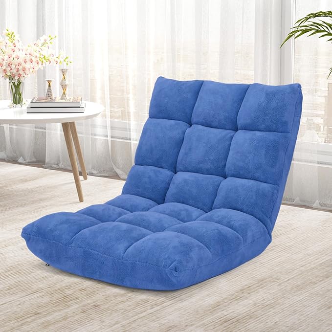 Floor Chair with Back Support, Foldling Gaming Sofa Chair with Comfy Cushion, Adjustable 14-Position Meditation Chairs, Lazy Lounge Recliner Reading Seat for Adults, Kids (Blue)