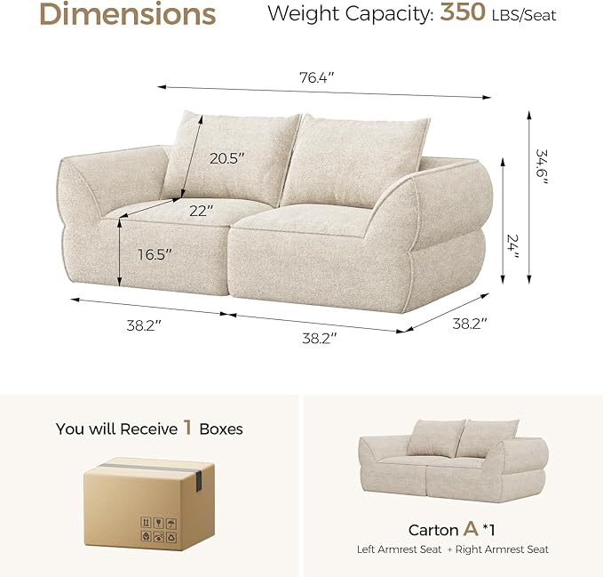 76.4" Cloud Loveseat Sofa, Deep Seat Couch with Pillows, Modern Comfortable Upholstery Boneless Sofa, 1 Piece for Living Room, Bedroom, Apartment, Removable Cover，No Assembly Required, Apricot