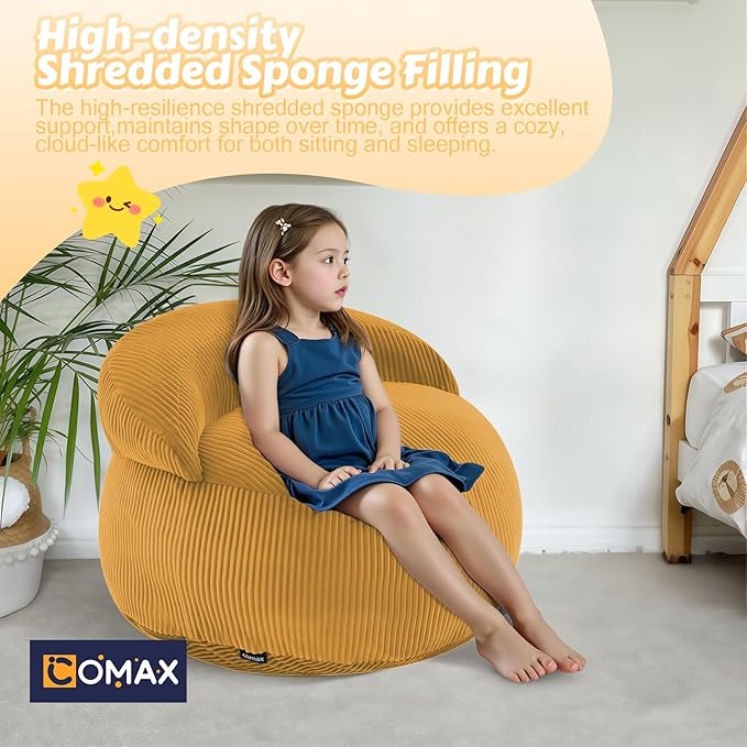 COMAX Bean Bag Chair for Kids, Convertible Toddler Beanbag Bed Corduroy, Children Bean Chair Stuffed to Floor Mattress with Filler, Yellow