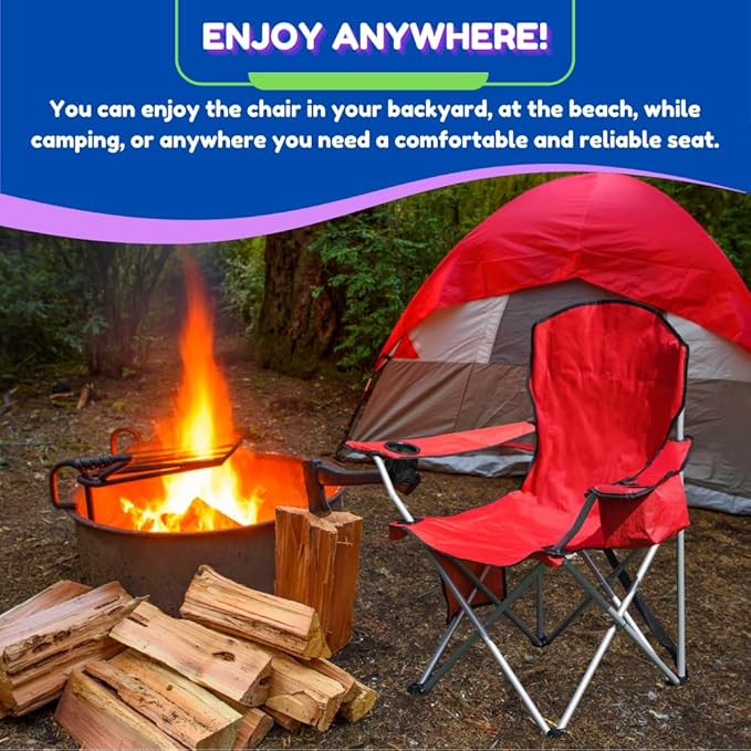 EZONE 2-Pack Camping Chairs with Built-in Ice Cooler, Portable Chair, Storage Pocket, Cup Holder, and Carry Bag Perfect for Camping, Tailgating, Fishing, Beach, and Lawn (2, Red)