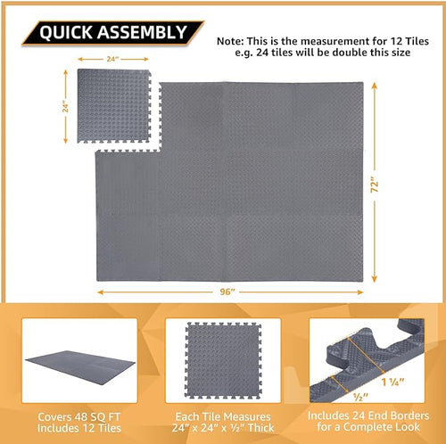24 Pack, 96 SQFT - 24" x 24" - 1/2" Extra Thick Floor Exercise Mat for Home Gym or Floor Padding - High-Density EVA Interlocking Foam Floor Tiles for Gym Equipment, Play Area | Yoga, Cardio, Weights