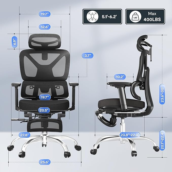 FLEXISPOT ErgoX Premium Ergonomic Office Chair with Footrest- Adjustable 3D Armrests, Dynamic Lumbar Support, Recline & Tilt Function, Mesh Seat, for Home & Office Use,Black Foam