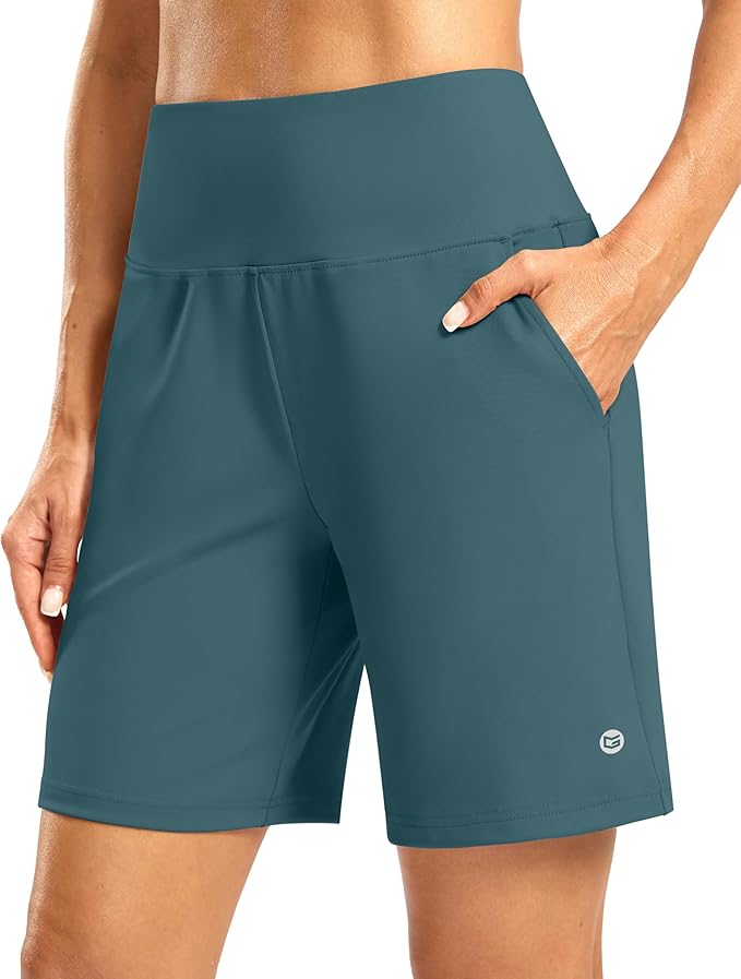 Women's Athletic Shorts with Zipper Pocket 7" High Waisted Stretchy Bermuda Shorts for Women Workout Running Casual