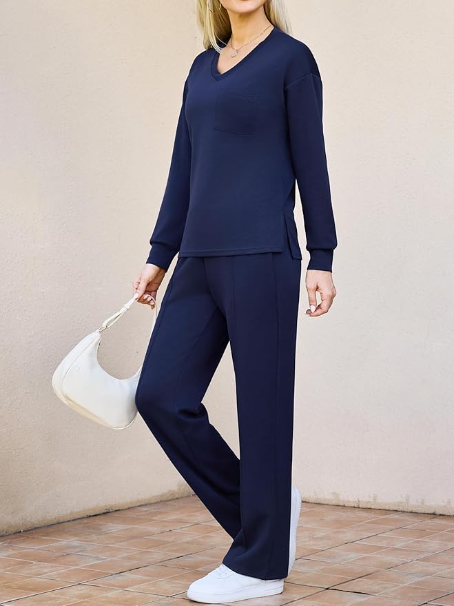 difficort Women's 2 Piece Lounge Sets Casual Travel Airport Outfits Side Slit V-Neck Tops & Wide Leg Pants Matching Set