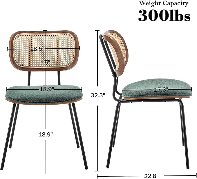 HOCEWI Rattan Dining Chairs Set of 4, Christmas Chair Mid Century Modern Dining Chairs with Cane Back for Kitchen Dining Room, 19 Inch Fabric Green