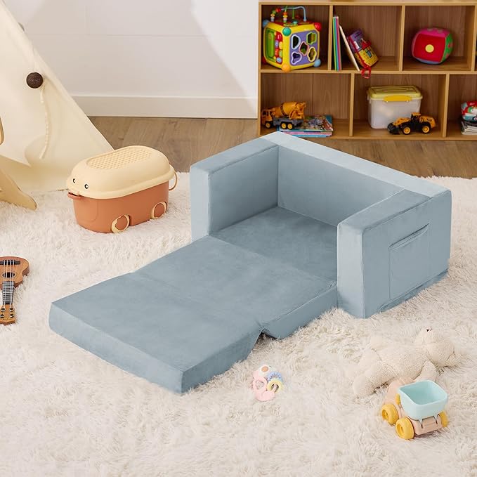 Kids Couch, 2-in-1 Toddler Chair Comfy 1-3 Years, Convertible Kids Chair, Toddler Couch That Fold Out, Kid Lounge Chairs for Boys and Girls, Soft Coral Fleece, Double, Blue