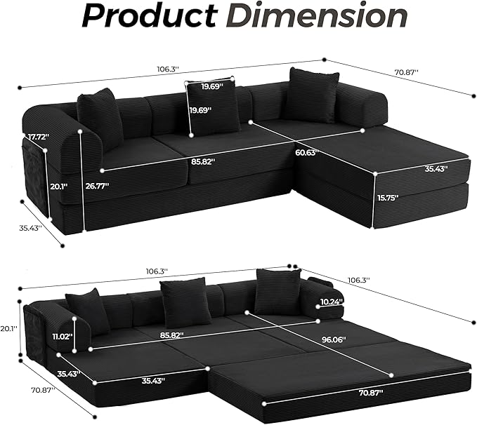 106.3" Oversized Convertible Sleeper Sofa Bed, L Shape Modular Sectional Cloud Sofa with Fixed-Shape Frame, Boneless Couch with Storage Pocket for Living Room, No Assembly Required, Black