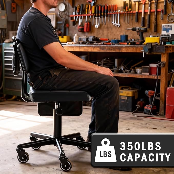 WUDOYO Adjustable Rolling Shop Stool with Tool Bags, Black Padded Seat, TPE Wheels, Real Backrest, Easy Handrail (Regular Work Seat Height(18-25"))