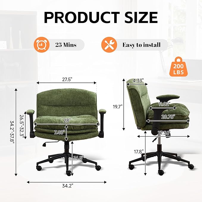 Criss Cross Chair with Flip-up Arms, Wide Criss Legged Chair with 3 Layer Cushion, Ergonomic Office Desk Chair with Wheels, Swivel Vanity Chair for Office, Living Room, Bedroom, Chenille Green