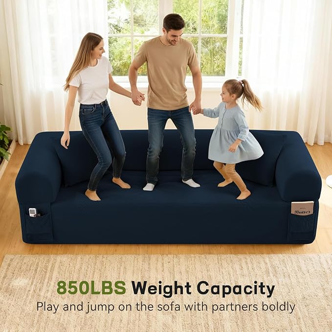 GJQ 3 Seater Couch, Corduroy Boneless Couches for Living Room,Compressed Cloud Sofa in a Box with 2 Pillows & Storage Bag,Memory Foam Floor Sofa with Armrests,No Assembly Required,Blue