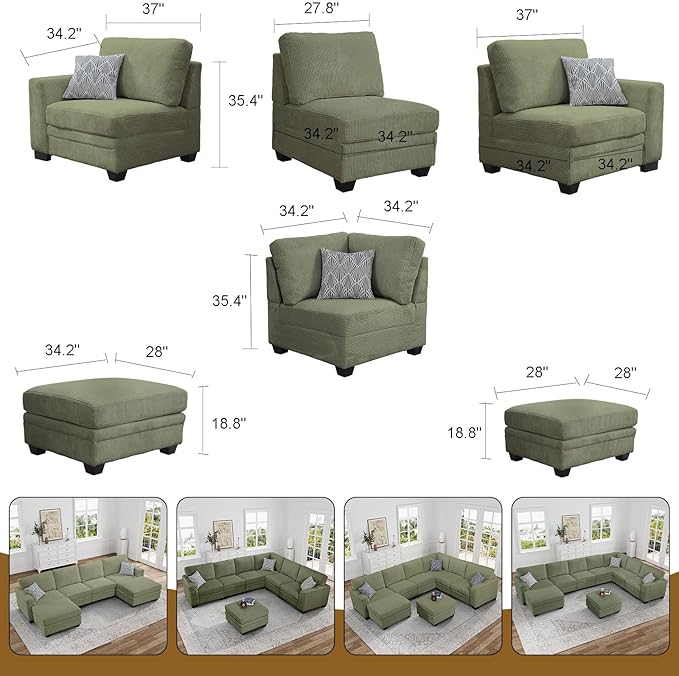 Legend Vansen Oversized Modular Sectional Sofa,6 Seat U Shaped Couch with Ottoman,Corduroy Sofa with Deep Seat,Convertible Large Sectional Couches for Living Room(Olive, U-6)
