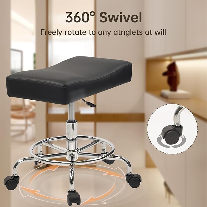 Heavy Duty, Extra Wide Rolling Stool PU Leather Thickened Seat Cushion with Foot Rest Adjustable Height Swivel with Wheels for Spa Salon Tattoo Work Massage Barstool, Black, 4 Pack