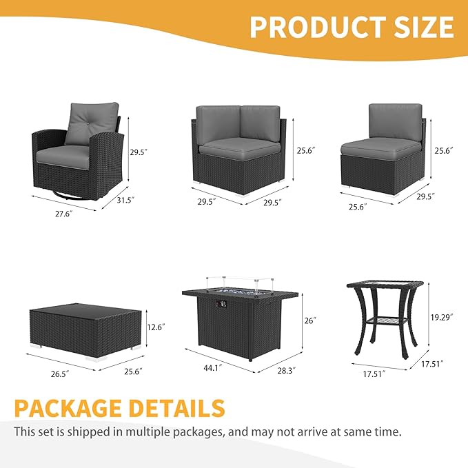 LayinSun 11 Pieces Patio Furniture Set with Fire Pit Table, Black Rattan Modular Sectional Outdoor Conversation Sofa Set, Swivel Rocking Chairs Set