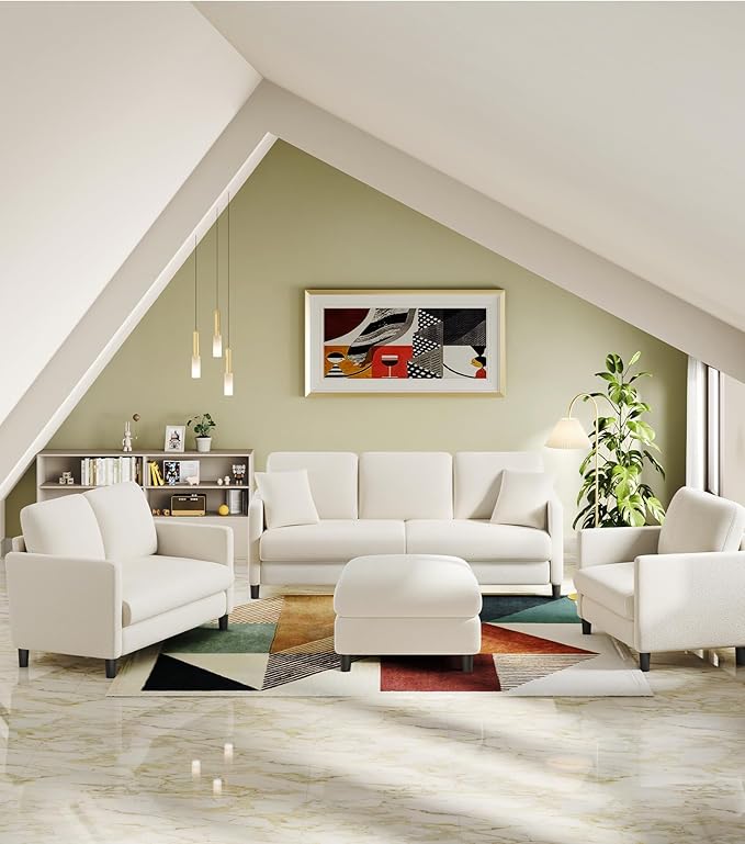 83" Couches for Living Room, Comfy Sofas for Living Room, Teddy Sofa Couch, Tool-Free Setup Loveseat Sofa, All-Wood Love Seat Couches, Small Couch 2 Pillows Included, Cream White