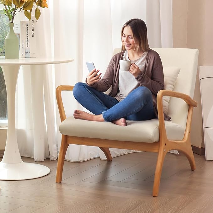 ELUCHANG Accent Chair with Lumbar Pillow,Mid-Century Modern Accent Chair Armchair, Linen Fabric Comfy Reading Chair Lounge Side Chair for Living Room Bedroom Apartment,Easy Assembly(Beige,2PCS)
