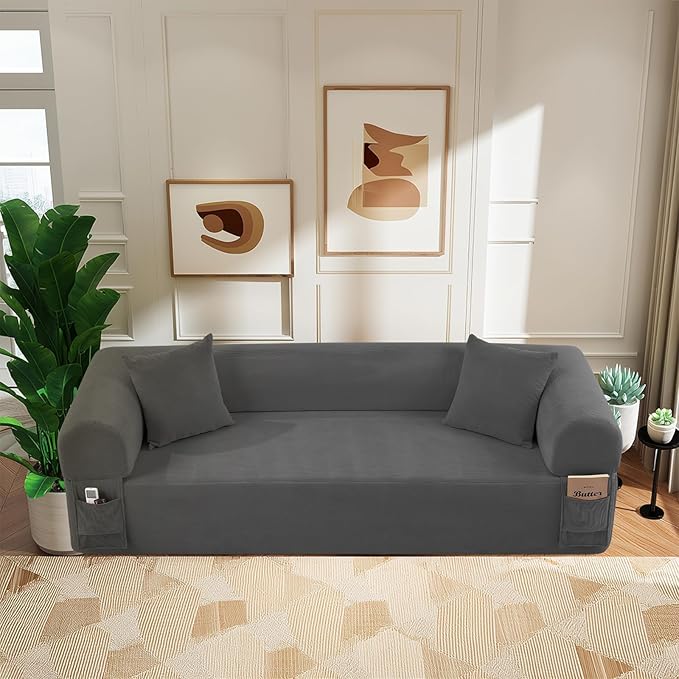 GJQ 3 Seater Couch, Corduroy Boneless Couches for Living Room,Compressed Cloud Sofa in a Box with 2 Pillows & Storage Bag,Memory Foam Floor Sofa with Armrests,No Assembly Required,Gray