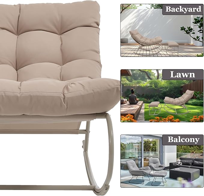 DAYAOUTDOOR Rocking Chair Outdoor Set of 2, Extra Wide Outdoor Chair with Cushion, Patio Rocking Chairs with Ottoman, Patio Papasan Rocking Chairs for Porch, Garden, Lawn, Khaki