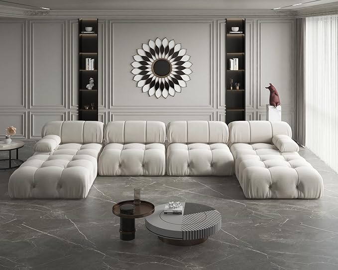 JACH U-Shaped Sectional Couch, 138'' Modern Deep 4-Seat Couches, Minimalist Teddy Velvet Sectional Sofas with Chaise Ottomans, Convertible Modular Sleeper Sofa for Living Room Apartment (Beige)
