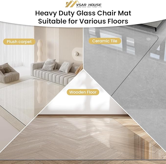 55"x46" Tempered Glass Chair Mat, Heavy Duty Glass Office Floor Mat for Carpet or Hardwood Floors, with Non-Slip Pads, Round Corner and Polished Edge, Effortless Rolling, Thick 1/5"