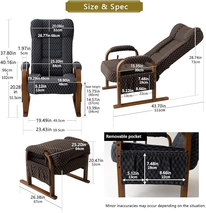 EMOOR Tatami Chair Japanese-Style Chair RYOKAN (Navy), Wooden Armrest & Sled Base Recliner Hight-Adjustable Upholstered Single Futon Sofa