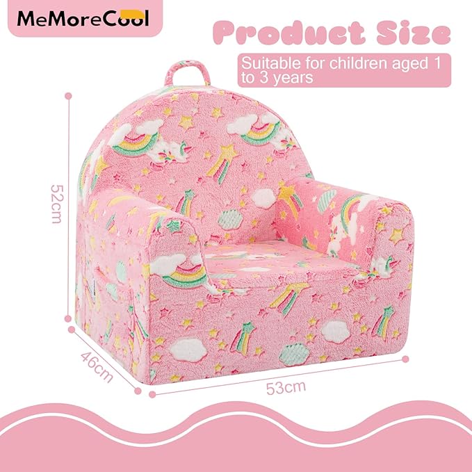 MeMoreCool Comfy Toddler Chair for 1-3 Years Old, Glow Unicorn Kids Reading Chair, Soft Plush Toddler Armchair, Cozy Foam Lounge Kids Armchair for Baby Room, Living Room, Playroom, Reading Nook