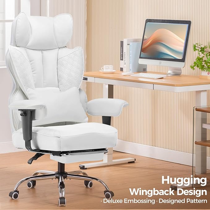 COMHOMA Desk Office Chair 400LBS Big and Tall Office Chairs Ergonomic Gaming Chairs with Wide Seat Leather High Back Chair with Foot Rest Adjustable Armrests Pocket Spring Lumbar Support