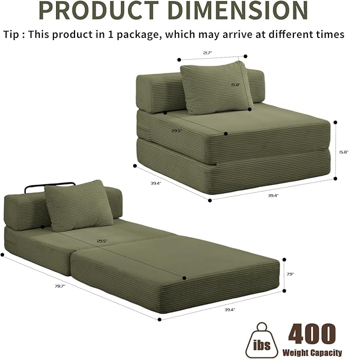Modern Olive Single Sofa Bed, Convertible Foldable Sofa with Pillow, Comfortable Corduroy Fabric & High-Density Foam, Ideal for Living Room, Bedroom, Office, Apartment Lounge