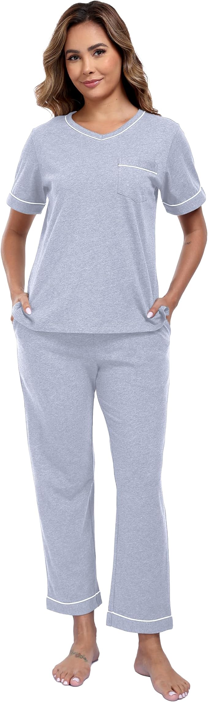 CF Women's 100% Cotton Pajama Sets Soft Short Sleeve Tops & Pants Comfy Sleepwear 2 Piece Lounge set with Pockets Loungewear