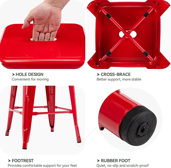 Vogue Furniture Direct 24 Inch Metal Bar Stools, Backless Counter Height Barstools, Indoor Outdoor Stackable Stools with Square Seat, Set of 2 (Red)