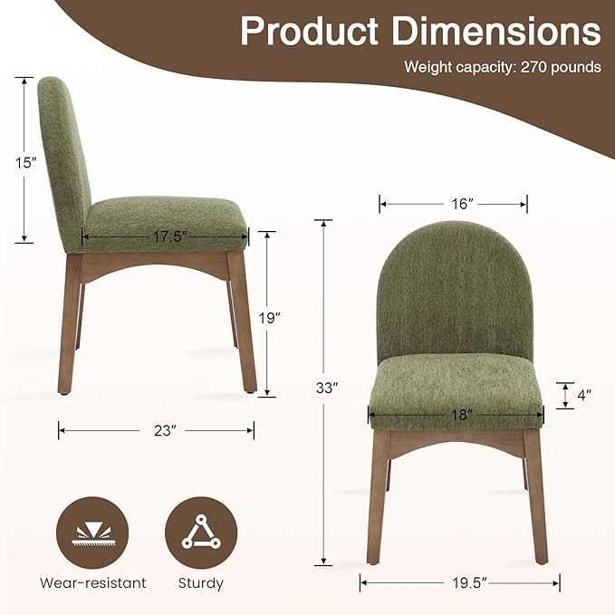 DUOMAY Modern Dining Chairs Set of 2, Mid Century Chenille Upholstered Dining Room Chairs Kitchen Chairs with Solid Rubberwood Legs, Armless Accent Side Chairs, Green