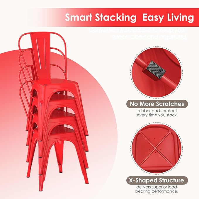 Metal Dining Chairs Set of 2,Stackable Tolix Chair Indoor/Outdoor for Kitchen,Cafe,Restaurant,Bistro & Patio Multiple Colors(Red)