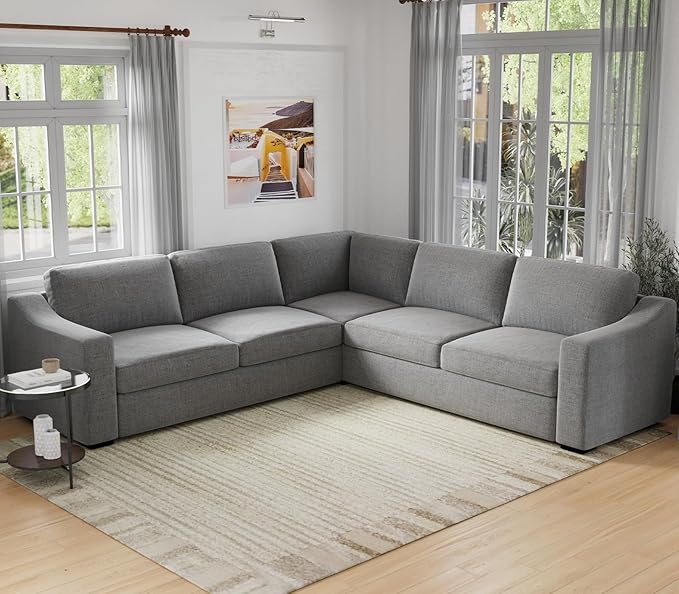 ELUCHANG Convertible Sectional, L-Shaped Couch with Extra Deep Seats, Natural Linen Fabric Comfy Modern Corner Sofa for Living Room, Office, Grey