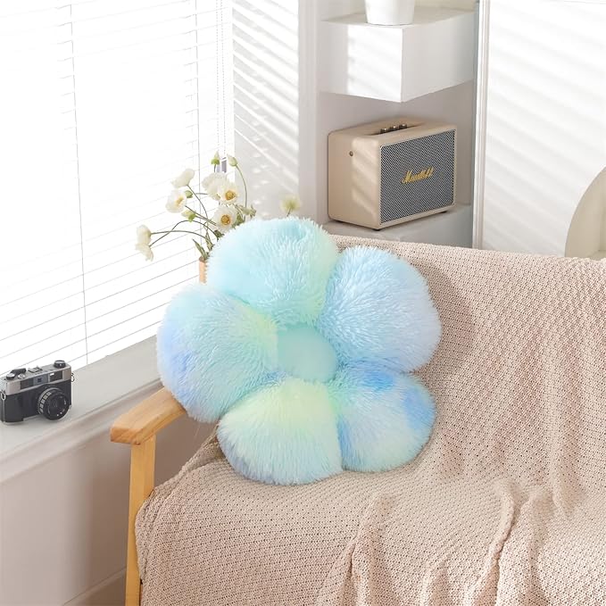Faux Fur Pillow,Flower Shaped Throw Pillow Butt Cushion Floor Pillow,Seating Cushion,Cute Room Decor & Plush Pillow for Bedroom Sofa Chair (19.7 Inches, Mint Green)